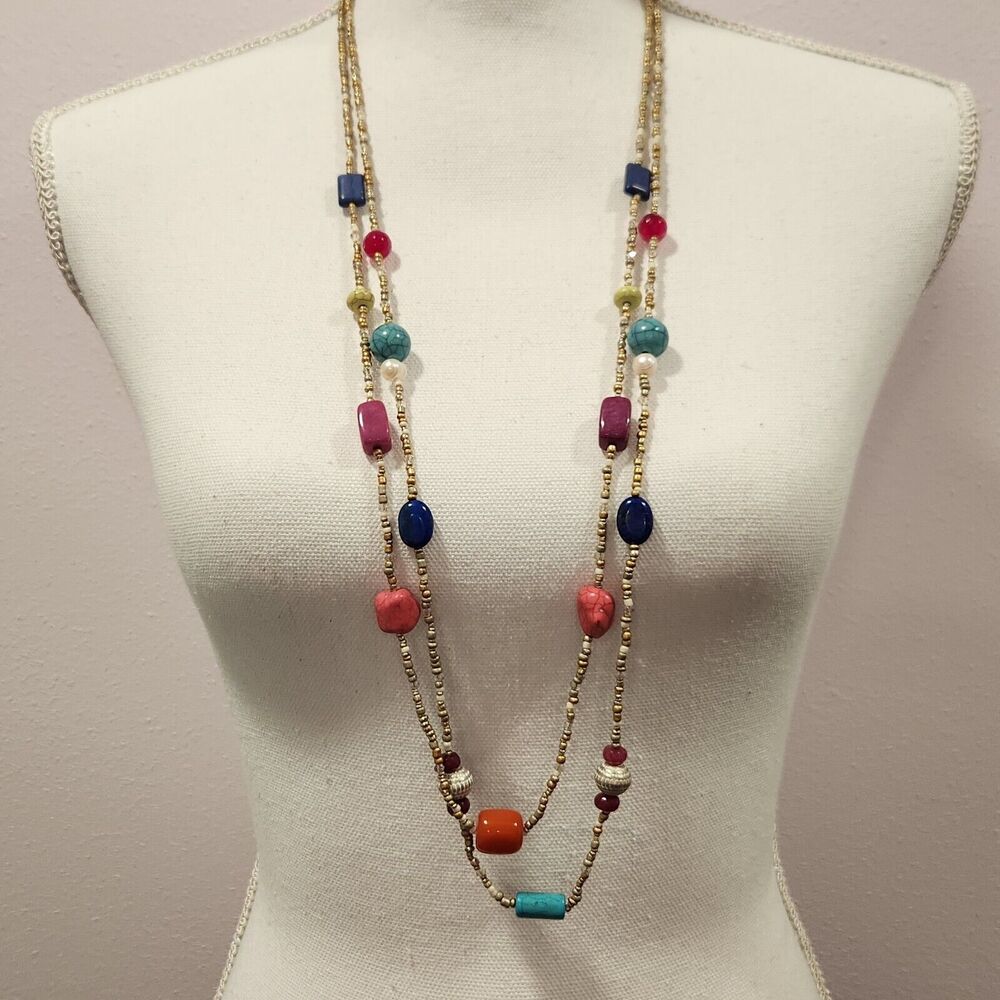 Chico's Colorful Necklace 2‎ Layer Multicolor Stone Beads 34" NWT